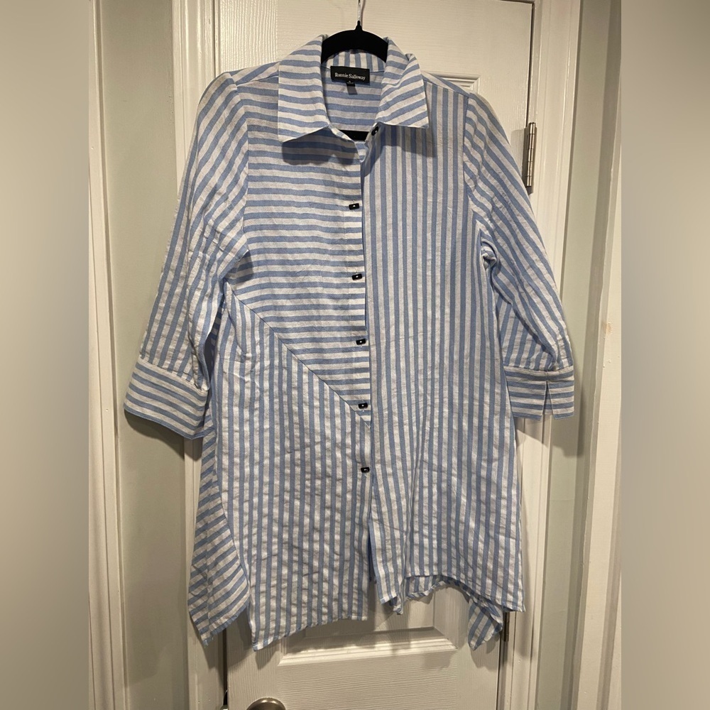 Ronnie Salloway White Blue Stripe Soft Cotton Asymmetrical Tunic Top Size S
